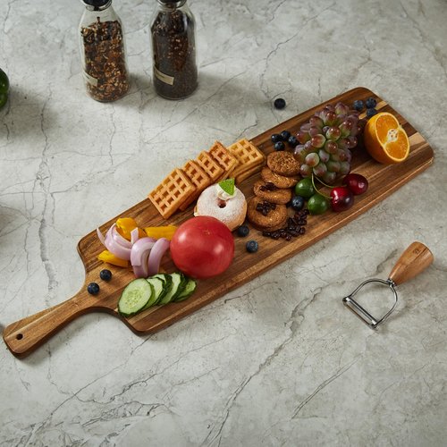 TEIBVG Acacia Wood Cutting Board and Large Charcuterie Board with Handle - Long Serving Board for Veggies, Bread, Cheese Board, Appetizers, and Picnic Celebrations, 24x7 Inch