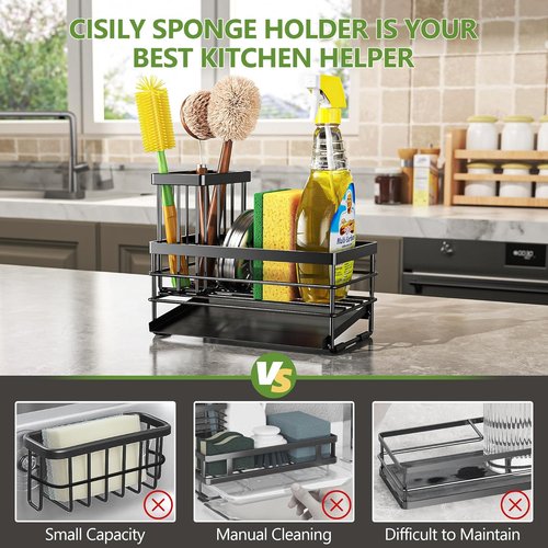Cisily Sink Caddy - Rustproof Kitchen Organizer with Brush Holder & Self-Drain Tray | Black