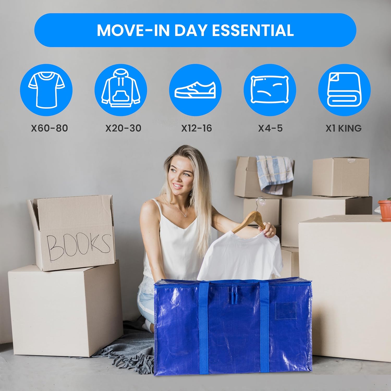 Simple Deluxe Heavy Duty Moving Bags - Extra Large Storage Totes with Lids & Zipper | Blue, 4 Pack