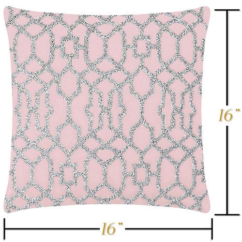 Lattice Pillow, Sparkling Rhinestones on Soft Velvet, Hypoallergenic Fiber Insert, Washable Cover, Unique, Statement Home Decor, Blush, 16x16, Sold Individually