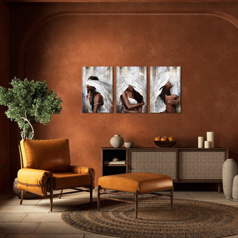 sechars Angel Wall Art Canvas Black Woman with Angel Wings Painting Prints Modern African American Abstract Girl Pictures Artwork for Home Living Room Bedroom Decor (Medium)