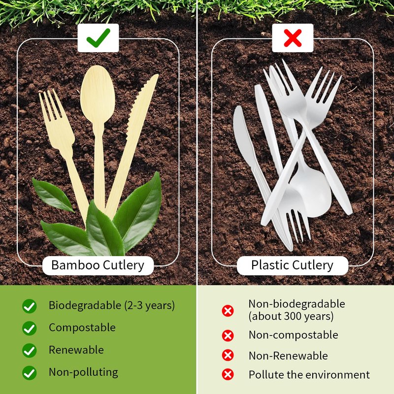 Pre Rolled Napkin and Bamboo Cutlery Set - 100pack Biodegradable Bamboo Silverware/Utensils/Flatware with Napkins, Compostable Wrapped Bamboo Cutlery for Party, Banquet, Wedding