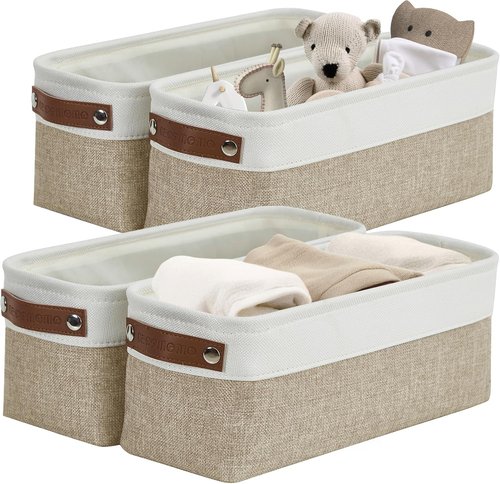 DECOMOMO Narrow Storage Bins - Small Organizing Baskets for Bathroom & Entryway | Beige & White - Set of 4