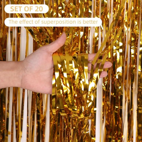 Gold Foil Curtain Backdrop by [Brand Name] - 20 Pack Metallic Tinsel Fringe Curtains | 3.2ft x 8.2ft for Birthday Party Decor