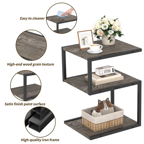 Fxacyem S-Shaped Side Table 3 Tier, Minimalist Nightstand for Small Spaces with Open Storage, Narrow End Table for Living Room Bedroom, Grey