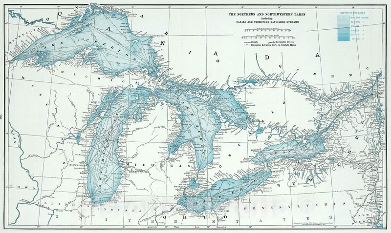 Historic Map - World Atlas - 1948 Great Lakes including Canals and Tributary Navigable Streams. - Vintage Wall Art - 36in x 24in