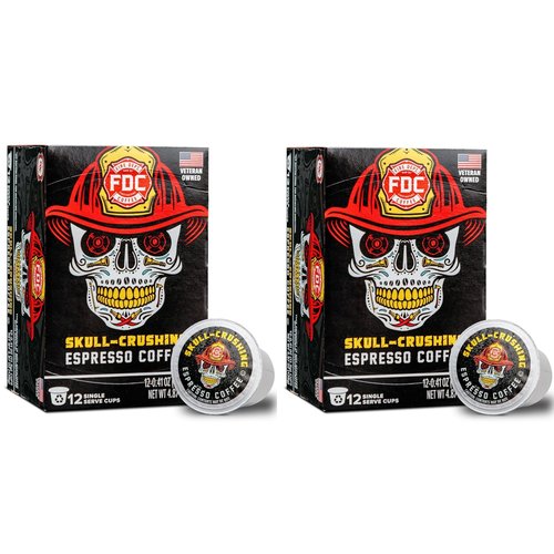 Fire Department Coffee - Gives Back to Firefighters - Skull Crushing Espresso Coffee Pods - Full-Bodied & Bold Espresso K Cups - Roasted in the USA - Veteran Owned - 24 Single Pods