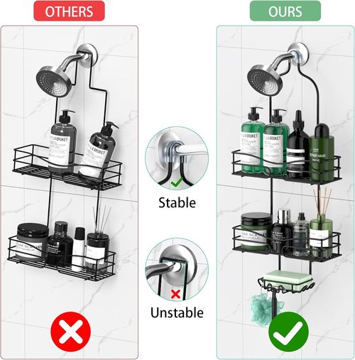 DAOYA Shower Caddy - 3-Tier Bathroom Organizer with Soap Holder & 6 Hooks | Fits 21mm Shower Head Arm, Black