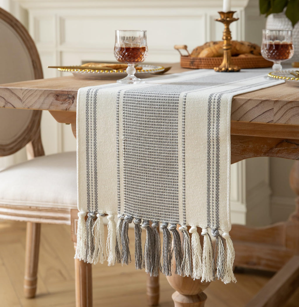 Caflife Boho Table Runner Natural Stripe for Modern Farmhouse Coffee Table Decor, Rustic Woven Runner with Handcrafted Tassels for Home Dining Table décor 13 x 90 Inch Long