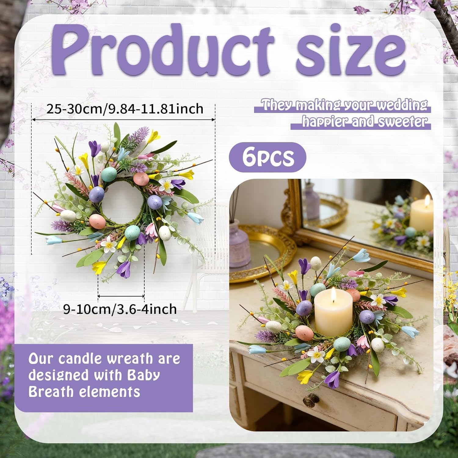 Skiennix Easter Candle Rings - 6 Pcs Mini Pillar Holders with Eggs & Flowers - Spring Yellow Berries Decor