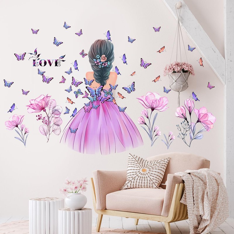 Butterfly Girl Wall Stickers Flower Fairy Wall Decal Pink Floral Wallpaper Colorful Butterflies DIY Removable Vinyl Wall Art for Girls Baby Nursery Bedroom