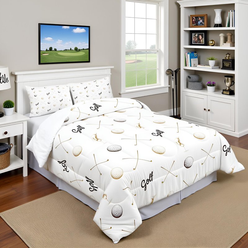 Golf Comforter Set Full Size for Kids Teens Adults Men Home Room Decor,Ball Sports Game Lovers Bedding Set 3pcs,Gray Brown Sketch Golf Quilt Set Seasons Soft Bedspread with 2 Pillowcases