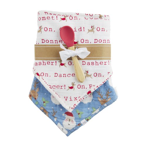 Mud Pie Muslin Christmas Bib and Silicone Spoon Set, Reindeer/Santa