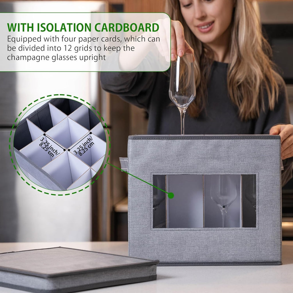 VENO Champagne Flute Glass Storage Box - 2 Pack with Lid & Handles | Organizer for 12 Glasses