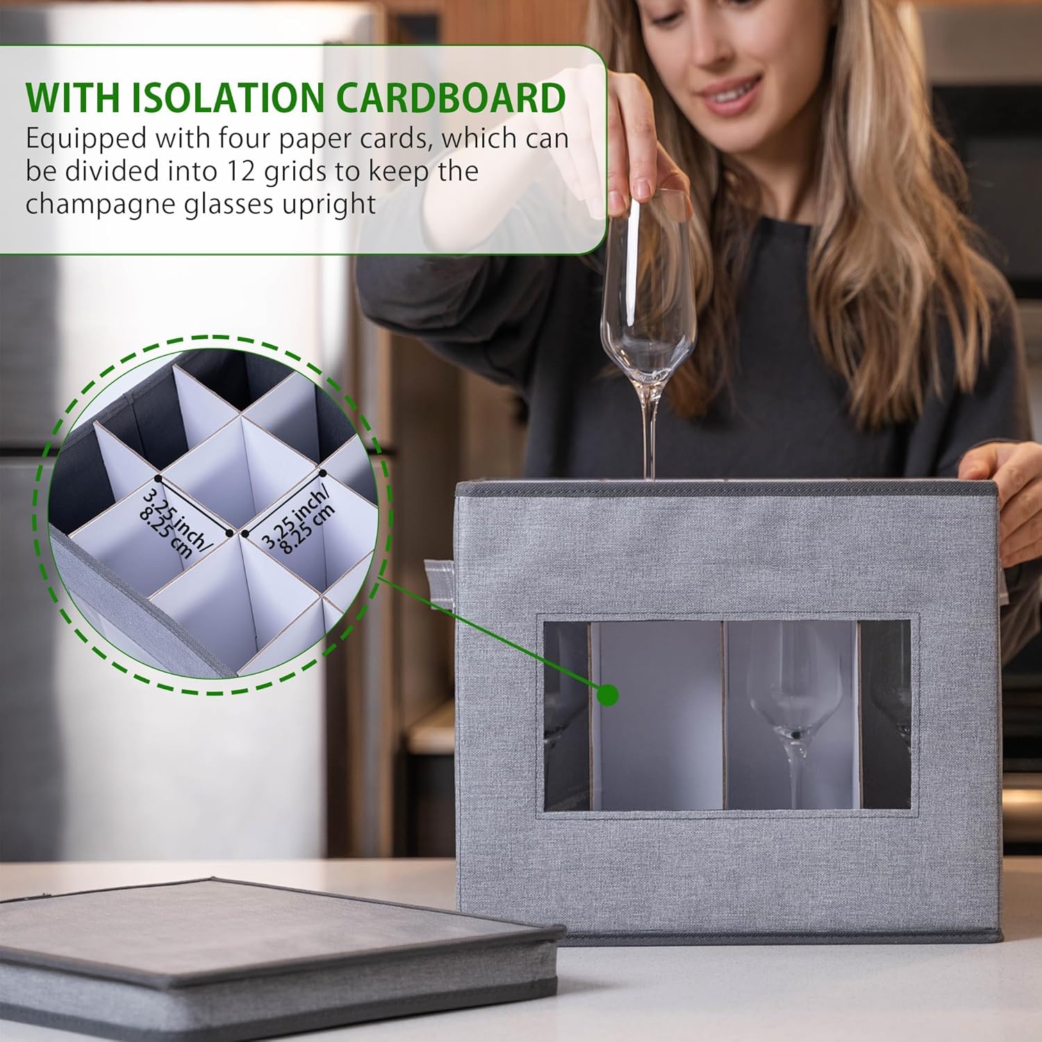 VENO Champagne Flute Glass Storage Box - 2 Pack with Lid & Handles | Organizer for 12 Glasses