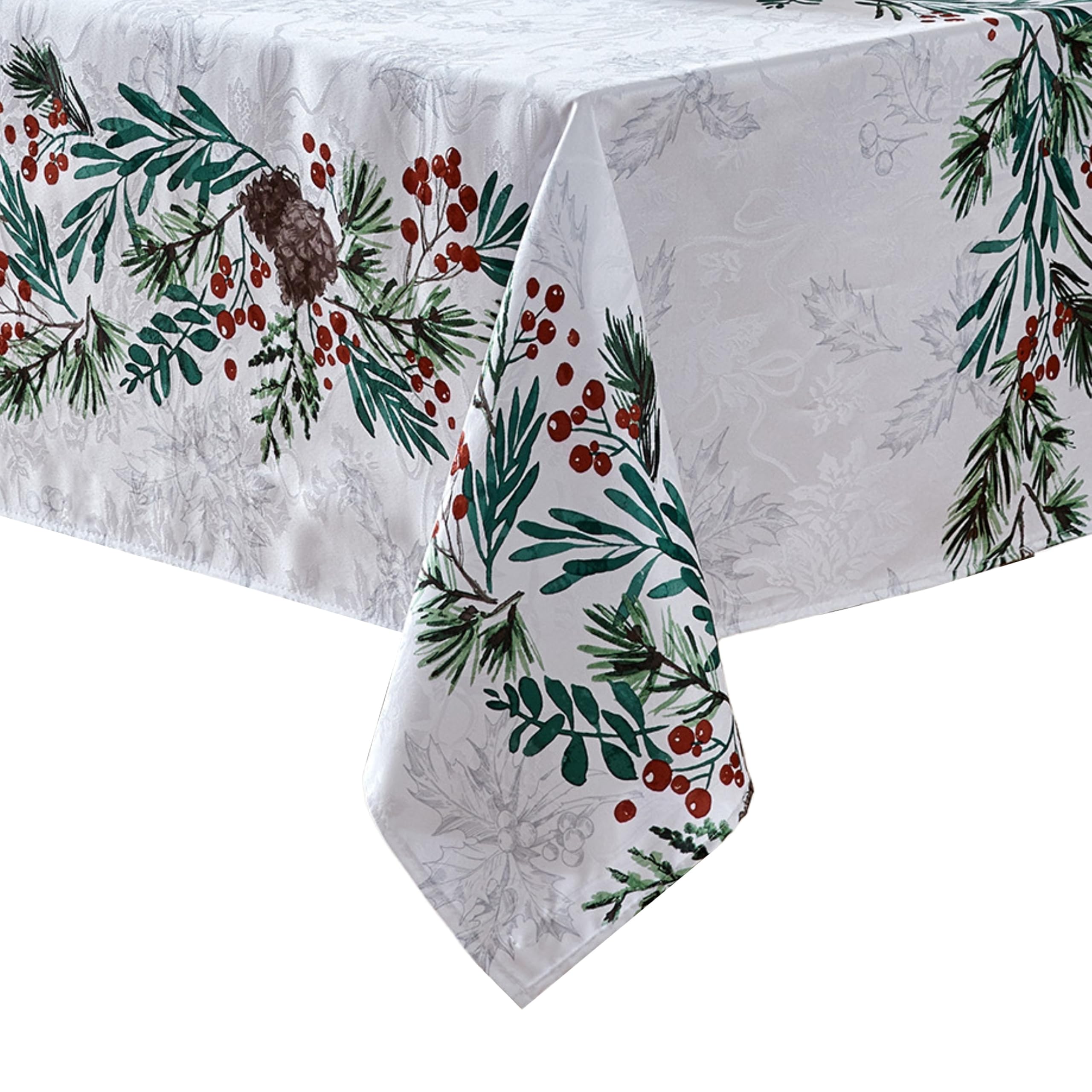 Elrene Home Fashions Holly Berry Flourish Holiday/Christmas Wrinkle Resistant Fabric Rectangle Dining Tablecloth, 60"x102"
