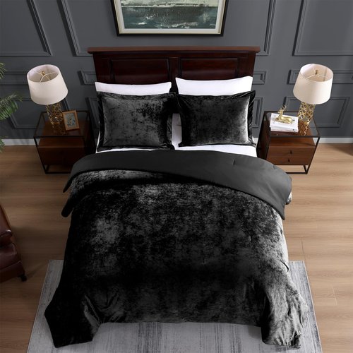 TAMGHO Crushed Velvet Comforter, Black Queen Comforter Set, Luxury Soft Velvet Bedding Set for All Seasons, 3pc Black Bed Set Queen, 1 Comforter (92"x96") and 2 Pillow Shams (20"x26"+2")