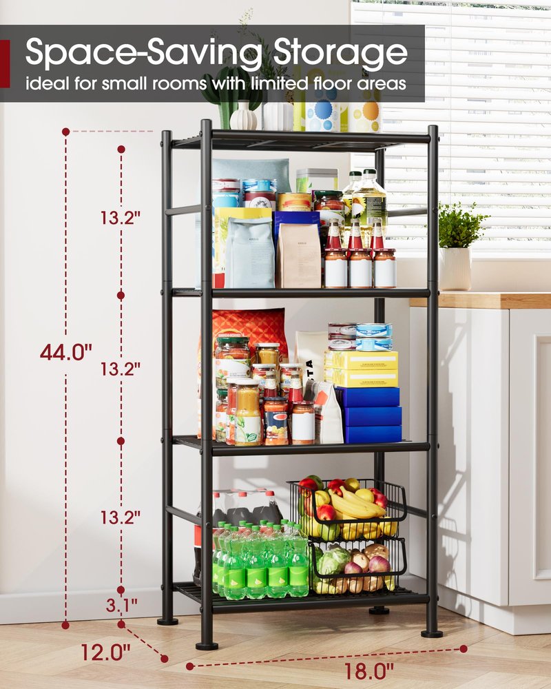 Sakugi Storage Shelves - 4 Tier Shelf Organizer, Sturdy Metal Garage Shelving with Adjustable Leveling Feet, Space-Saving Shelves Organizer for Pantry, Laundry, Kitchen (18" x 12" x 44", Black)