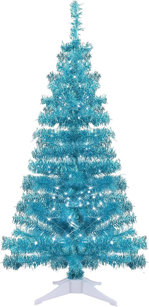 Juegoal 4 FT Pre-Lit Artificial Christmas Tree - Green Tinsel Pine with 70 LED Lights & Timer for Holiday Decor