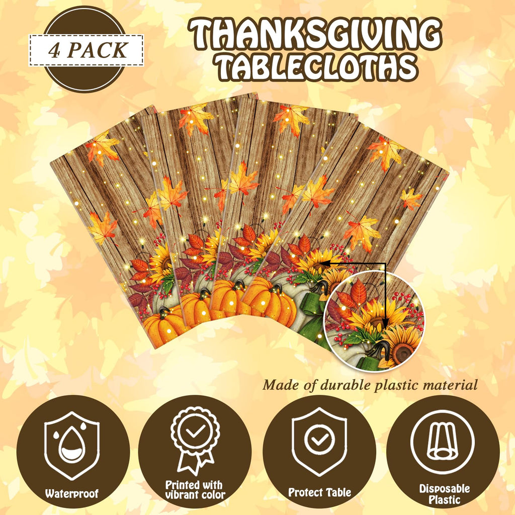 Tranqun 4 Pcs Fall Tablecloth 108 x 54 Inch Plastic Thanksgiving Pumpkin Tablecloth Rectangle Fall Autumn Harvest Maple Leaves Plastic Table Cover for Kitchen Thanksgivingparty Decorations Home