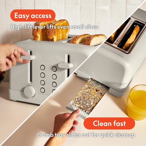 Bella 4 Slice Toaster - 6 Shade Settings, Reheat & Cancel Functions, Removable Crumb Tray, 900 Watts, Oatmilk