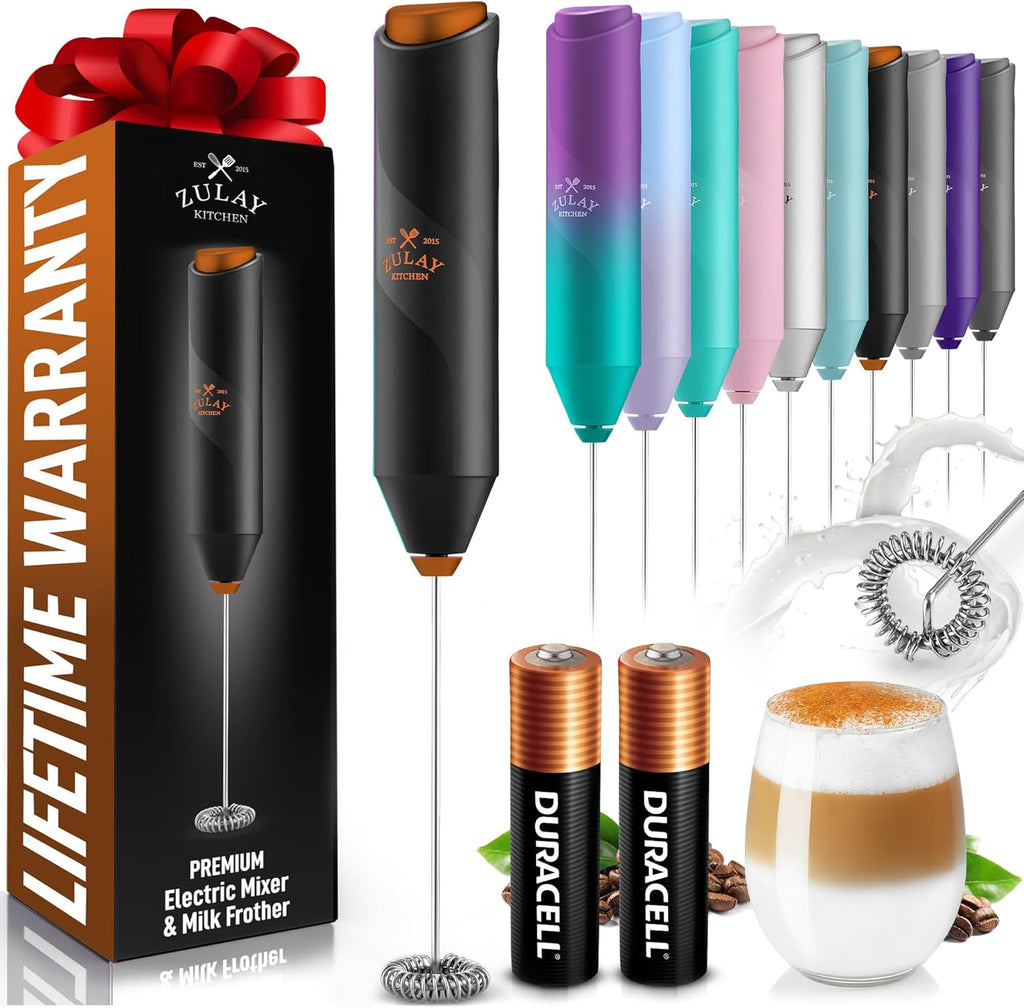 Zulay Kitchen Milk Frother - Ultra Fast Handheld Drink Mixer with Stainless Steel Whisk | Perfect for Coffee, Protein, Matcha & More