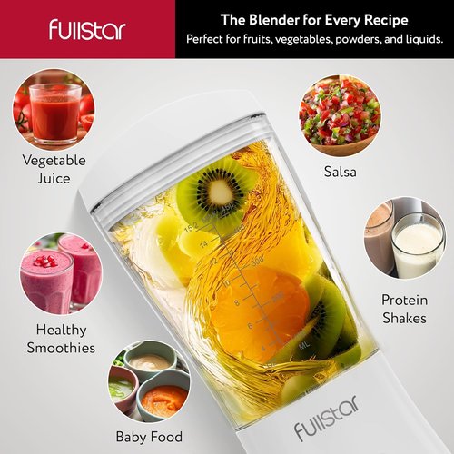 Fullstar Portable Blender - 15 oz Mini Personal Travel Smoothie Maker with Sipper Lid | Compact Design for Home & Office (White)