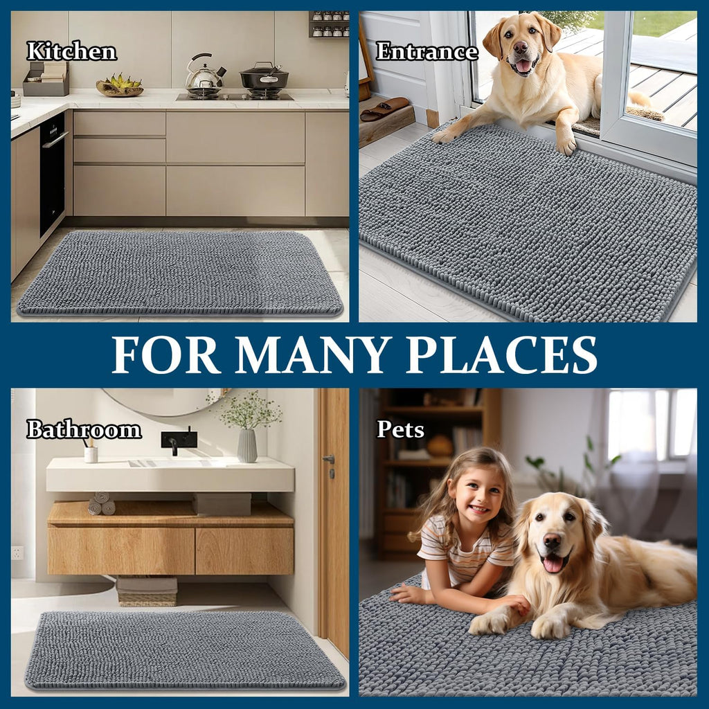 OLANLY Dog Door Mat - Absorbent Non-Slip Chenille Mat for Muddy Paws | 54x32 Inches, Grey