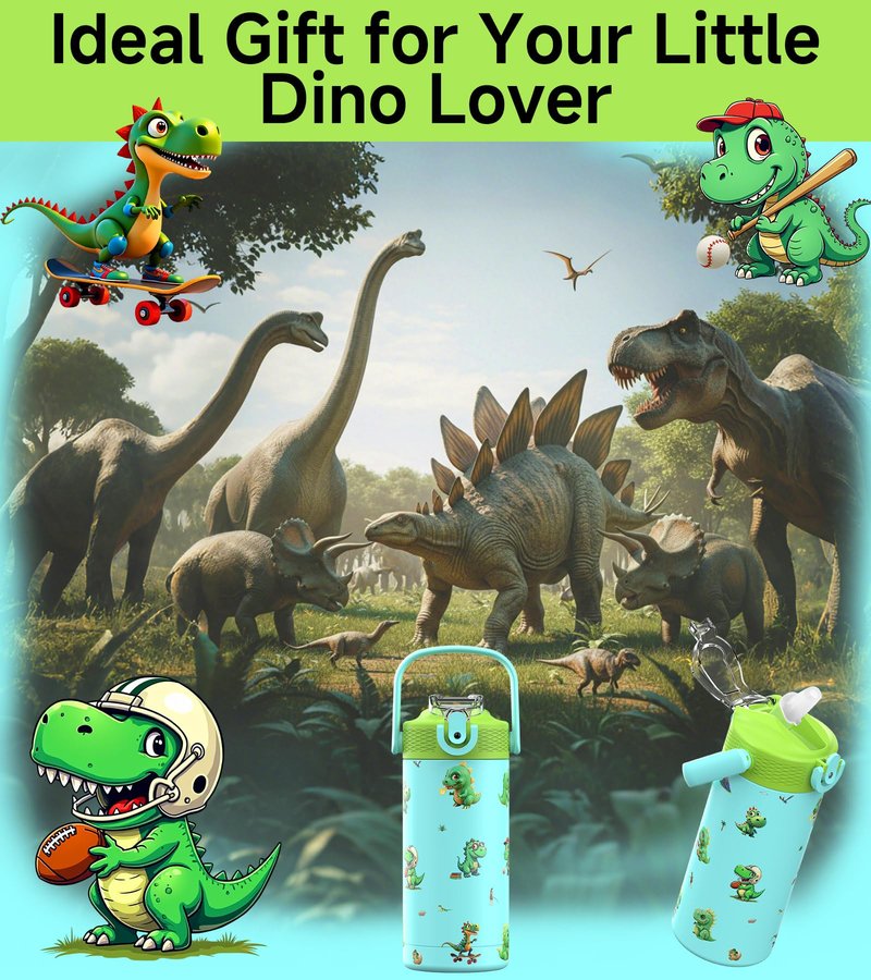 MYFOREST 14oz/400ml Insulated Kids Water Bottle, Odor-Free Surgical Grade Liner, Dishwasher-Safe, Name Spot, Soft Sipper, Gift for Dino Fan (Blue. Dinosaurs)