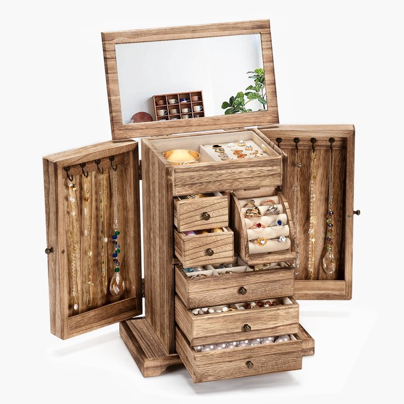 Yoimori Jewelry Box for Women, Rustic Wooden Jewelry Boxes & Organizers with Mirror & Drawers,6 Layer Jewelry Organizer Box for Rings Earrings Necklaces Bracelets (Carbonized Black)