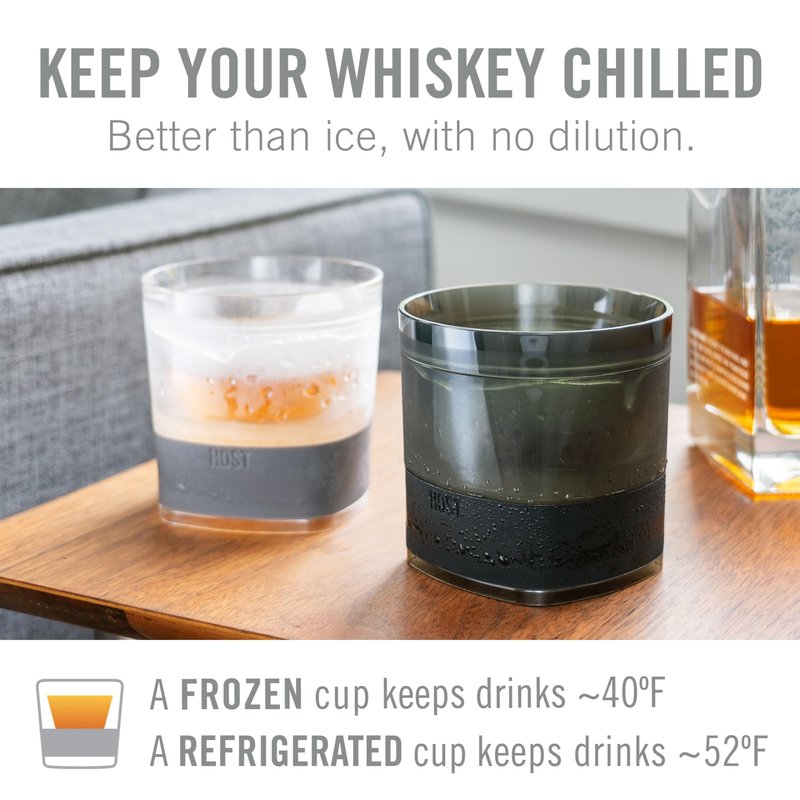 Host Whiskey Freeze Glasses, Double Old Fashioned Glasses, Chill Without Dilution for Brandy, Vodka, Gin, Rum, and Cold Brew Cocktails, Bourbon Gifts for Men, Home Bar, 9 oz, Set of 2, Grey