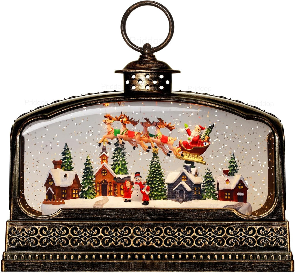 Priddop Christmas Snow Globe - Santa Claus & Snowman Village Scene with USB/Battery Timer & Music