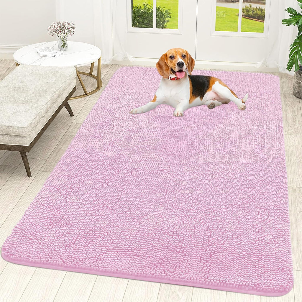 OLANLY Dog Door Mat - Absorbent Non-Slip Chenille for Muddy Paws | Quick Dry 59x35 Pink Doormat