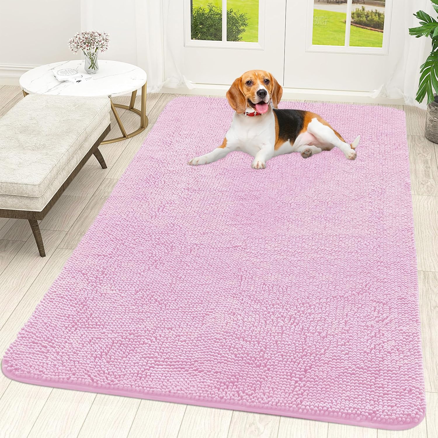 OLANLY Dog Door Mat - Absorbent Non-Slip Chenille for Muddy Paws | Quick Dry 59x35 Pink Doormat
