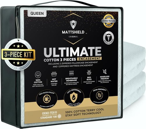 MATTSHIELD Ultimate Bed Bug-Proof Mattress Cover Kit | Queen Size 100% Cotton + 2 Zippered Pillow Protectors - Waterproof Encasement