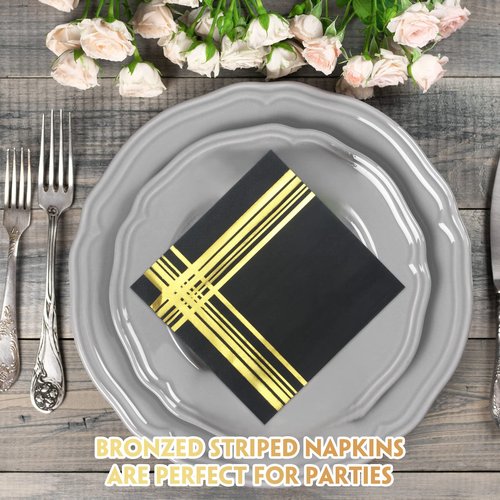 Mimorou 200 Pcs Black and Gold Napkins, 5 x 5 Inch Disposable Cocktail and Dessert Napkins with Gold Trim for Wedding Anniversary Birthday Events