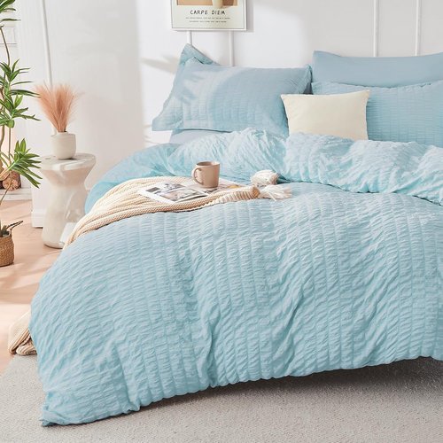 HYMOKEGE King Size Comforter Set - Luxury 7-Piece Bedding Set in Lake Blue with Seersucker Design
