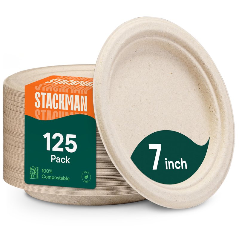 Paper Plates, 100% Compostable Heavy Duty, Disposable 7 Inch, Small Dessert Plate - [125-Pack] Eco-Friendly, Biodegradable Bagasse Natural Brown 7" Small Plates - (PFAS-Free) - (BPI Certified)