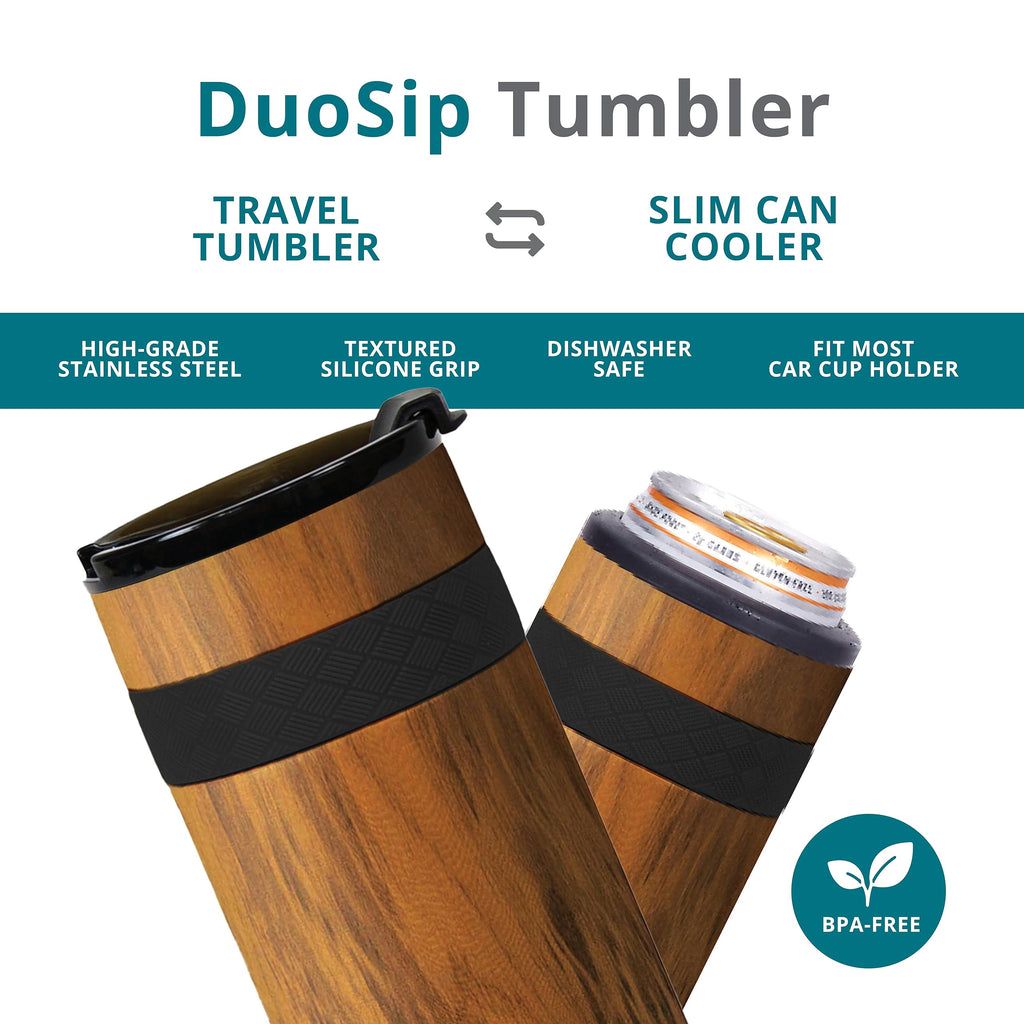 Elemental Duo-Sip 2 in 1 12oz Coffee Tumbler - Leak Proof Tumbler with Flip Lid for Slim Can Cooler - Triple Wall Insulated Tumblers for Hard Seltzer, Hot & Cold Beverages - Teakwood