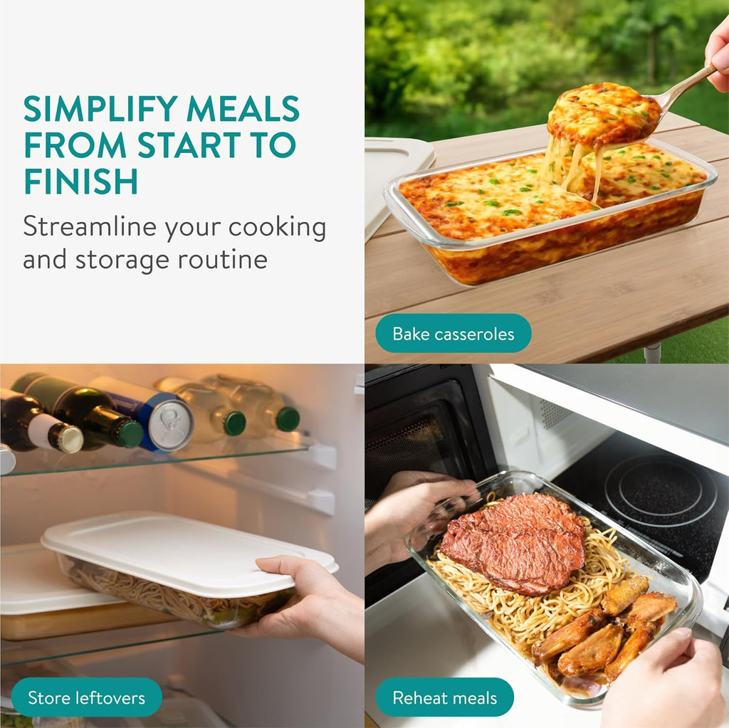Navaris Glass Baking Dish Set - 4-Piece Casserole Dishes with Lids | 1.7qt & 2.3qt Bakeware for Lasagna & Leftovers
