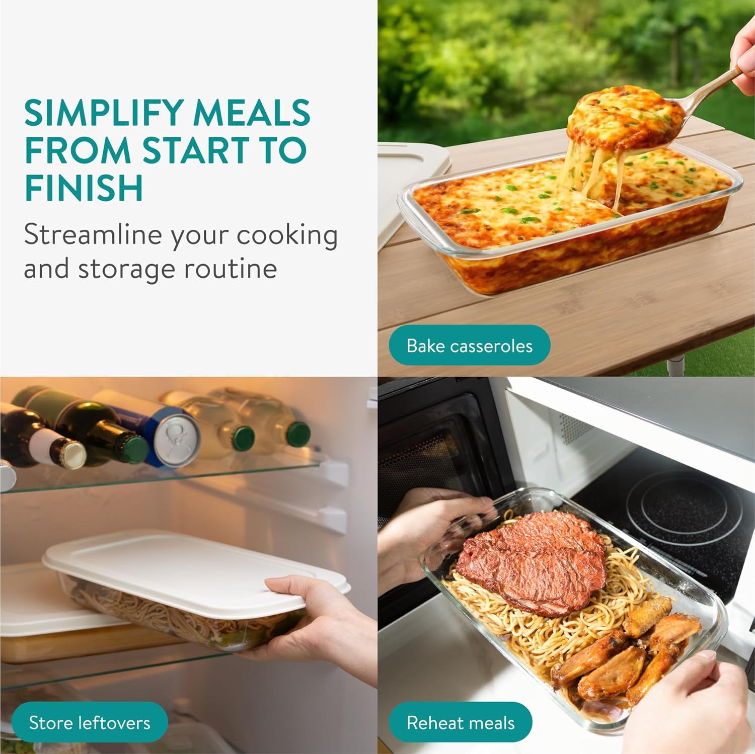 Navaris Glass Baking Dish Set - 4-Piece Casserole Dishes with Lids | 1.7qt & 2.3qt Bakeware for Lasagna & Leftovers