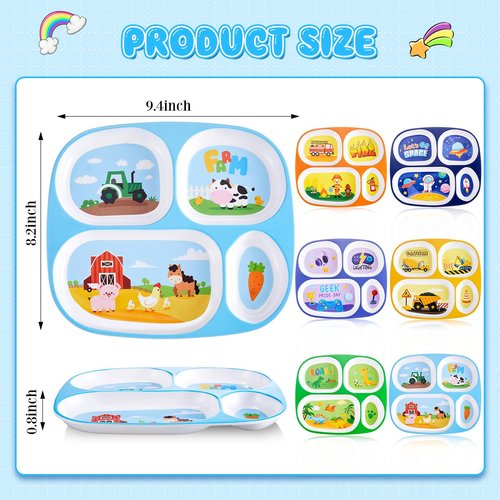 Hushee 6 Pcs 9.4 x 8.2 Inch Dinner Plate for Kids Girls Boys Cute Toddler Divided Plates Plastic Funny Serving Dishes for Construction Dinosaur Firefighter Farm Game Console Astronaut Animal