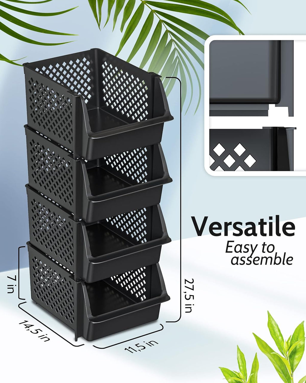 TidyFriend Stackable Storage Bins - Open Front Pantry Organizers for Kitchen & Home | 4 Pack (Black)