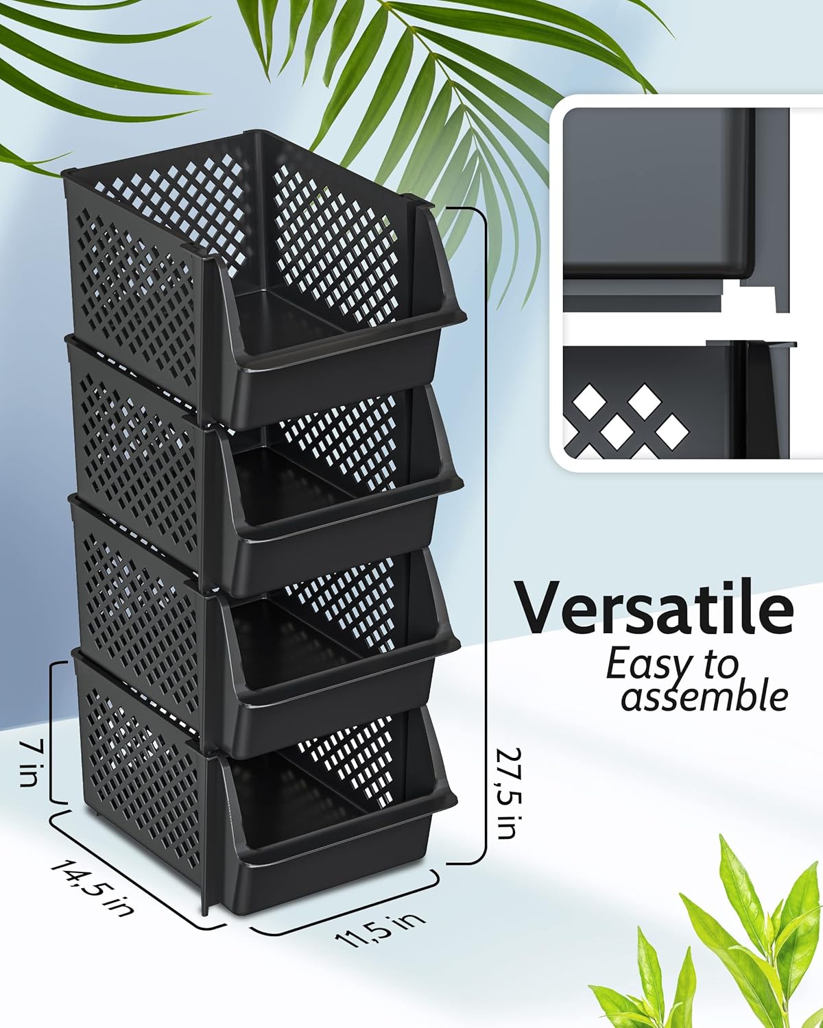 TidyFriend Stackable Storage Bins - Open Front Pantry Organizers for Kitchen & Home | 4 Pack (Black)