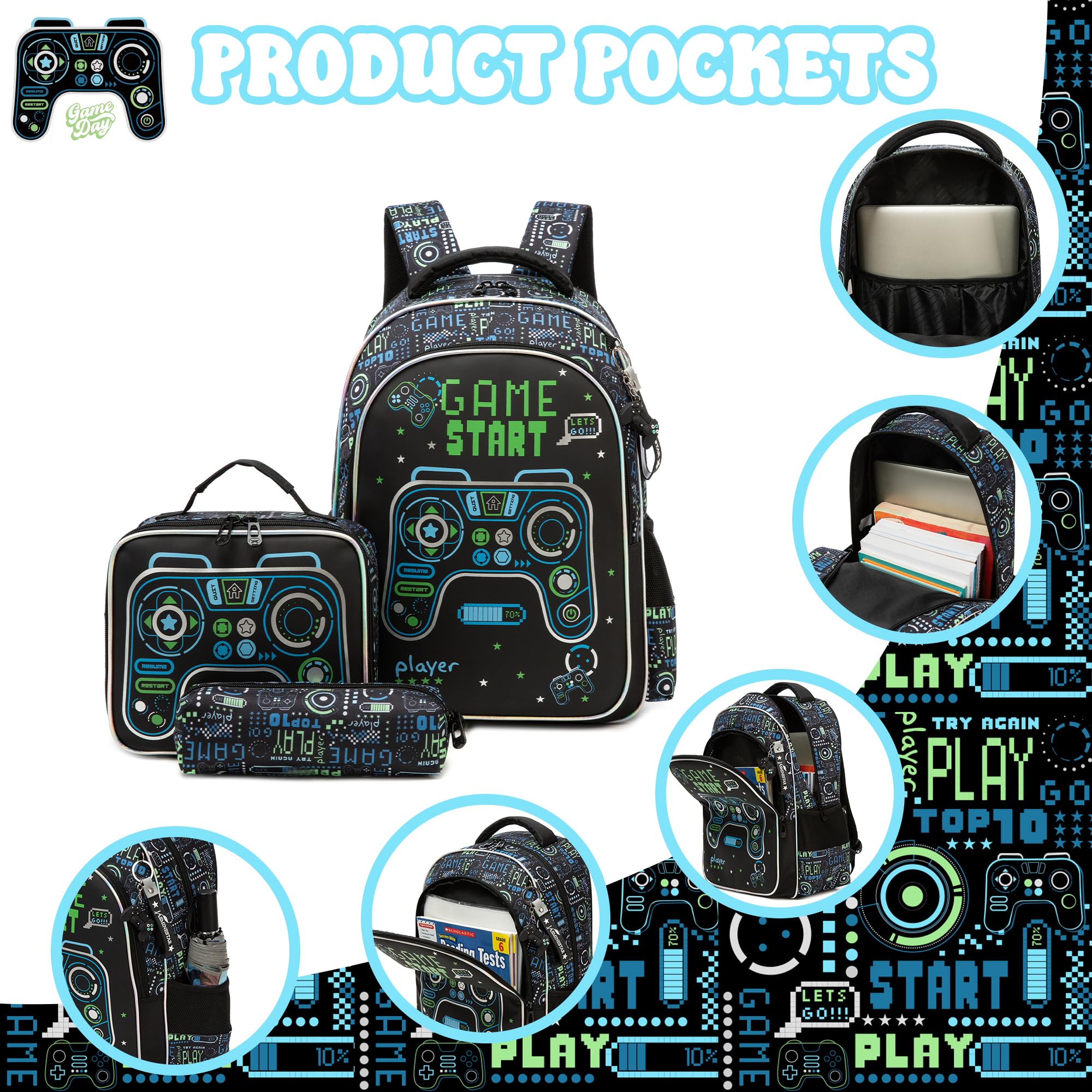 Oruiji Game School Backpack for Boys Backpacks Ages 8-10 with Lunch Box Set Black Bookbag for Boys Backpack for Kids Backpacks Lightweight Elementary Back to School Supplies Kit