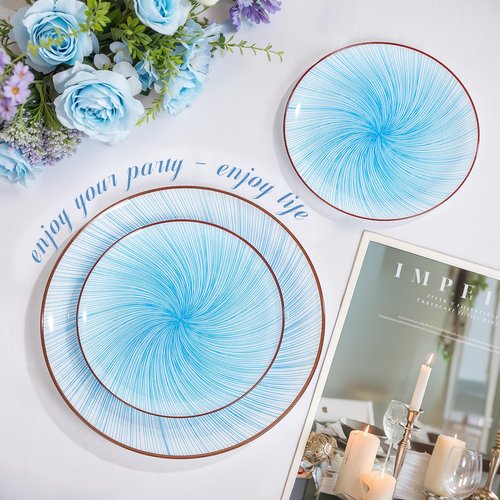 LIYH 60 Pcs Blue Plastic Combo Plates Set - Heavy Duty Scalloped Disposable Dinner and Dessert Plates for Party - 10.25" Dinner & 7.5" Dessert Plate for 30 Guests