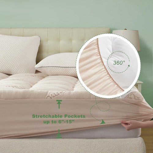 BEDLORE Twin Mattress Topper - Soft Bamboo Viscose Pillow Top for Back Pain Relief | Fits 6"-15" Mattresses - Beige