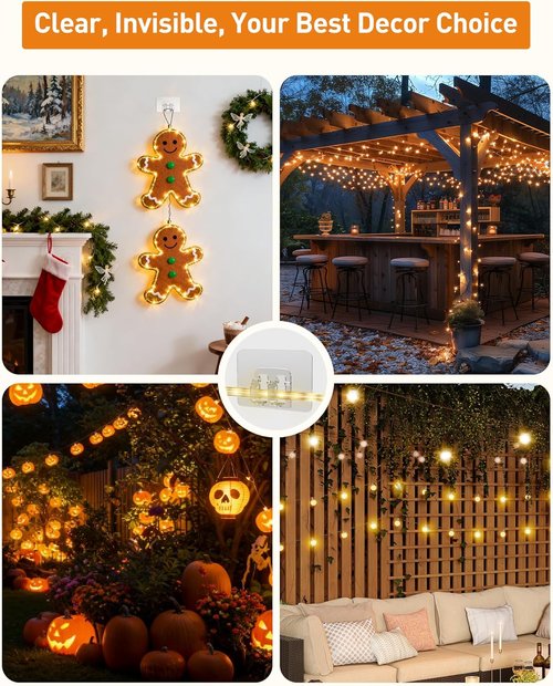 AGPTEK Heavy Duty Hooks for Outdoor String Lights - 100Pcs Clear Cable Clips with Adhesive Strips