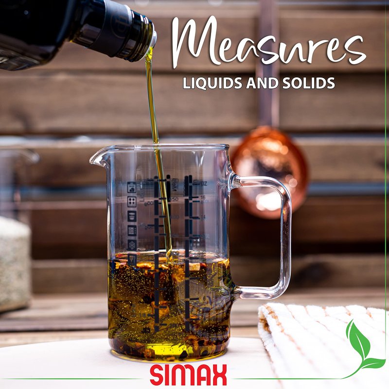 Simax Glass Measuring Cup: 16 Oz Measuring Cups Glass - Liter, Oz and Ml Measuring Cup for Liquid - Borosilicate Glass Metric Measuring Cups in Gram - Measure Flour and Sugar Grams - Easy Pour Spout