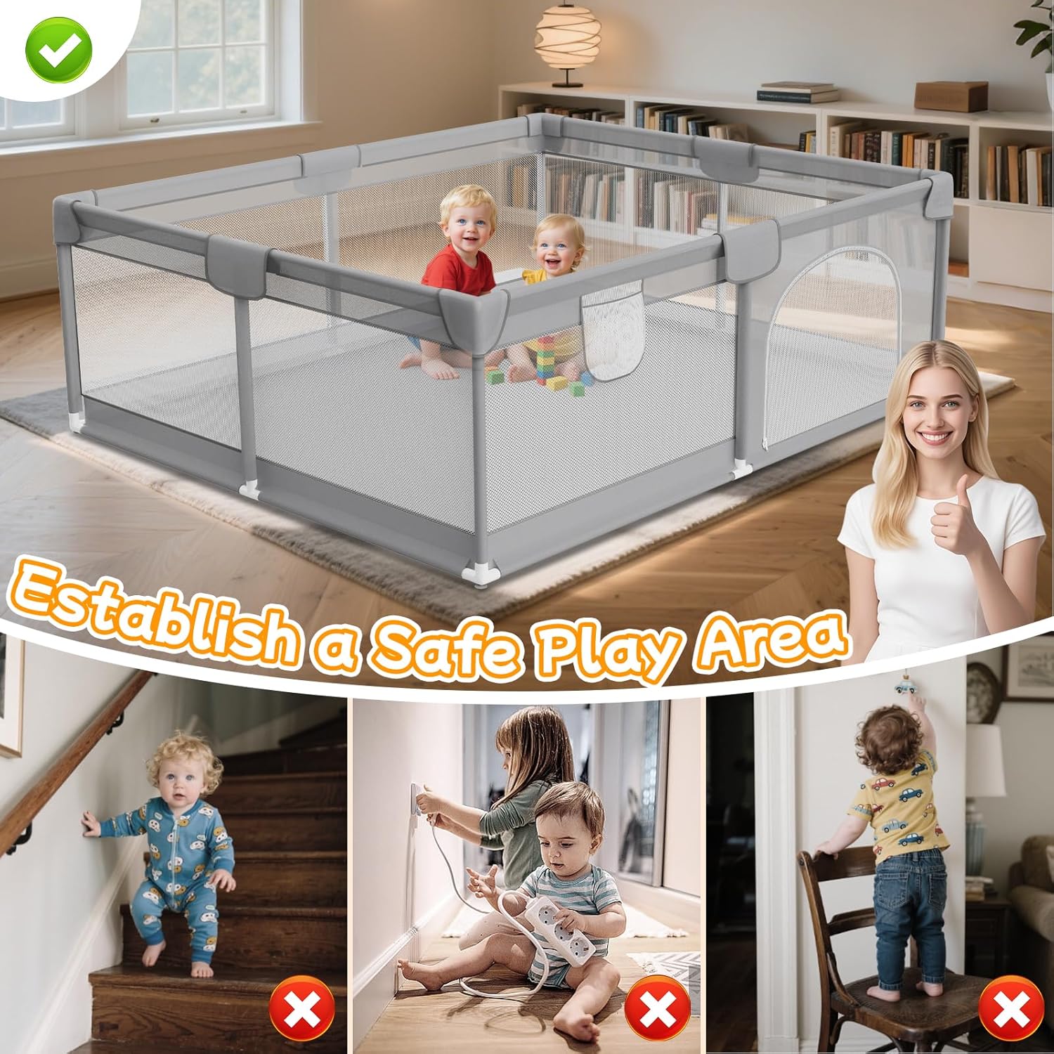 Skiennix Large Baby Playpen - Breathable Mesh Safety Playard with 2 Handles | 74"x50" Grey Activity Center for Indoor & Outdoor Use